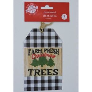 Metal Tag Ornament Farm Fresh Christmas Trees Black White Gingham 5x3in NEW